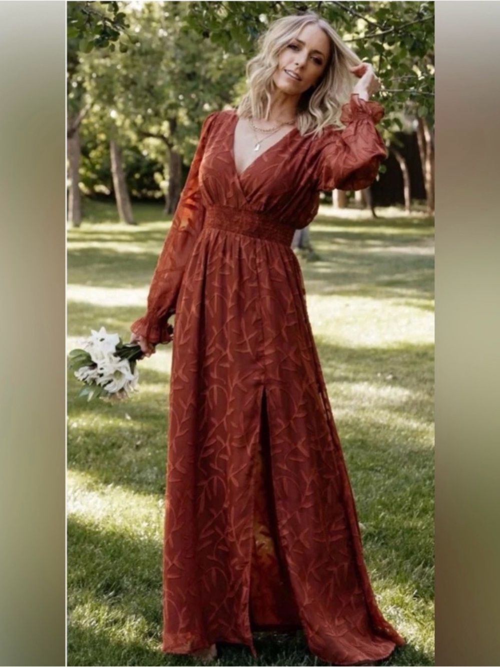 Baltic Born Bridget Textured Rust Leaf-Print Maxi Dress